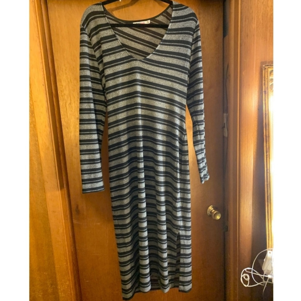 JustFab | Black Grey Striped Midi Dress